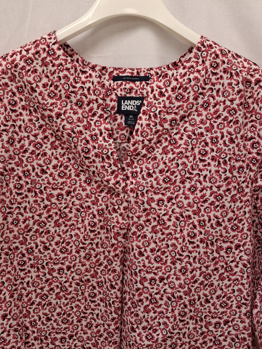 Lands End Womens Red Floral No Iron Supima Cotton V-Neck Tunic Blouse M 10-12 - Picture 2 of 5